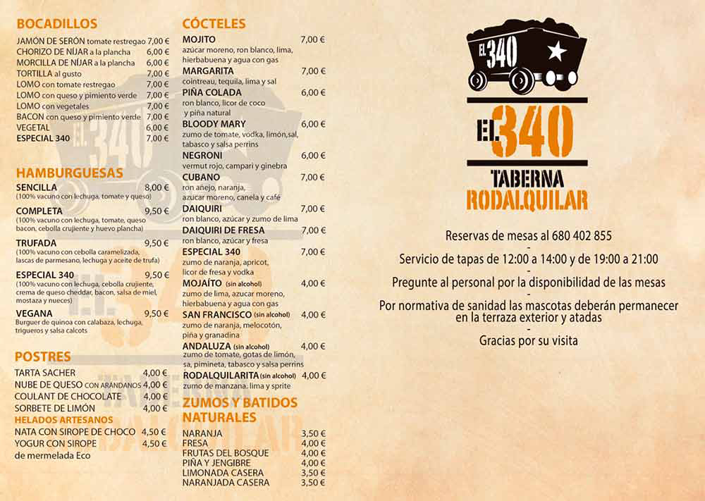 Carta del Restaurante 340 taberna en Rodalquilar